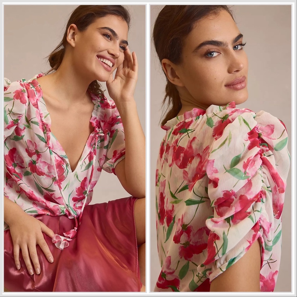 MISA Los Angeles Sera Spring Fuchisa Pink Floral Puff-Sleeve Blouse Size…